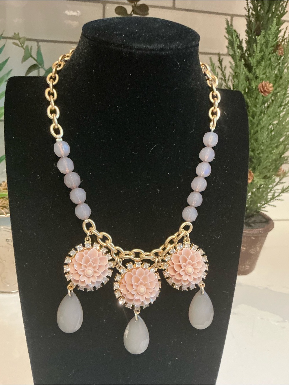 Lia Sophia Gold Chain Necklace with Pink Floral Medallions and Gray Teardrops